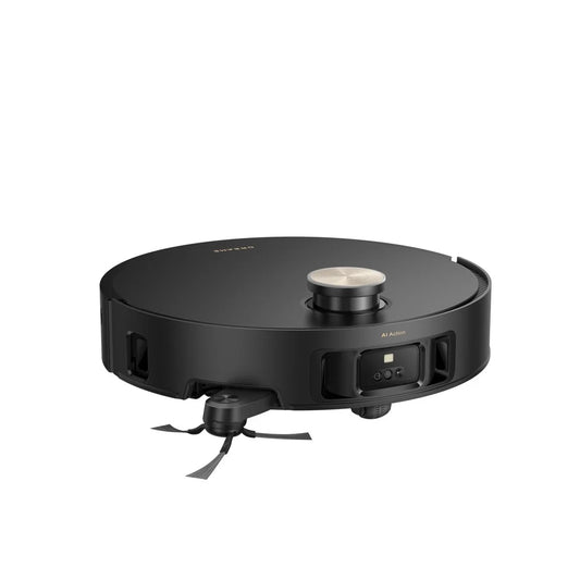 Black robot vacuum cleaner on a white background