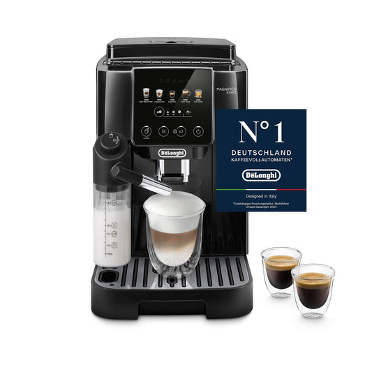 De'Longhi coffee machine with a glass of coffee and milk, and two cups on a white background.